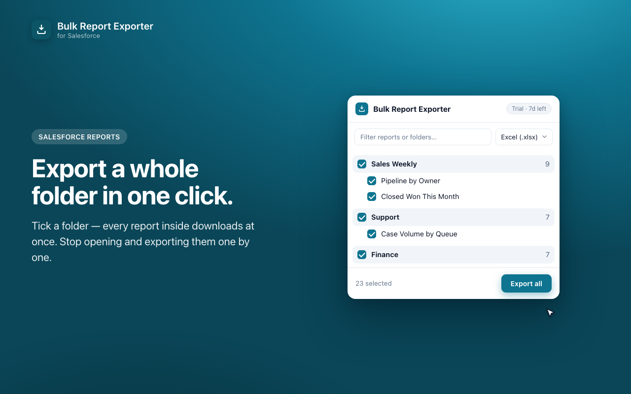 The extension popup showing Salesforce report folders selected for export